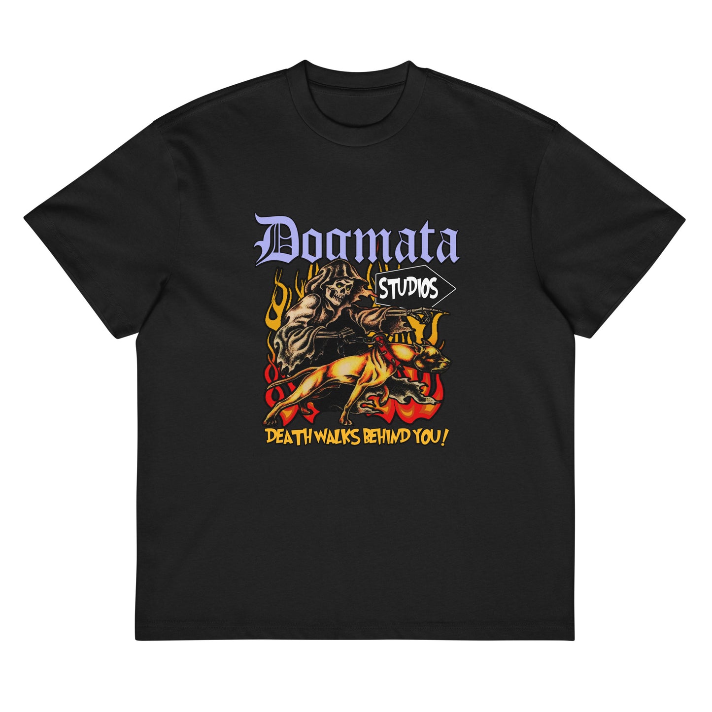 Black Oversize Death Follows Black T-Shirt Front View