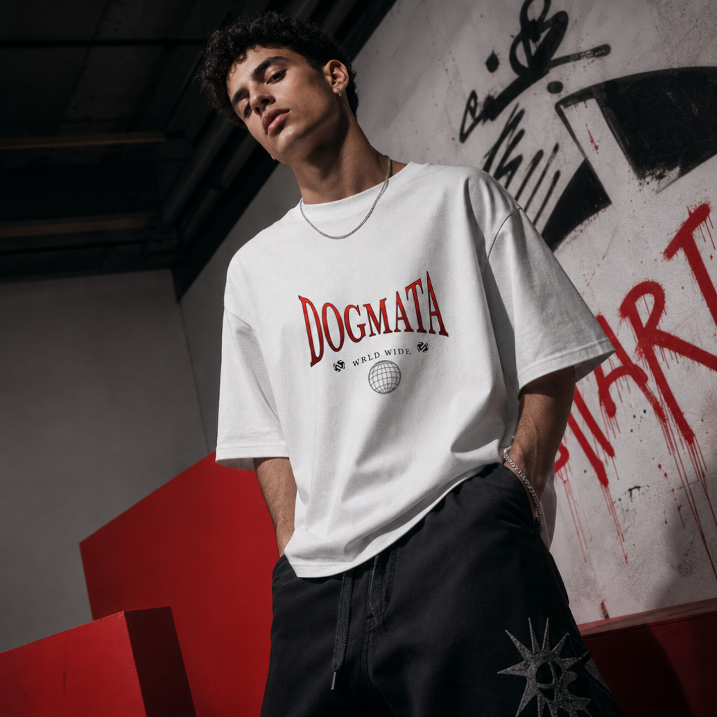 Person wearing a white t-shirt with 'DOGMATA' text in a graffiti-style setting