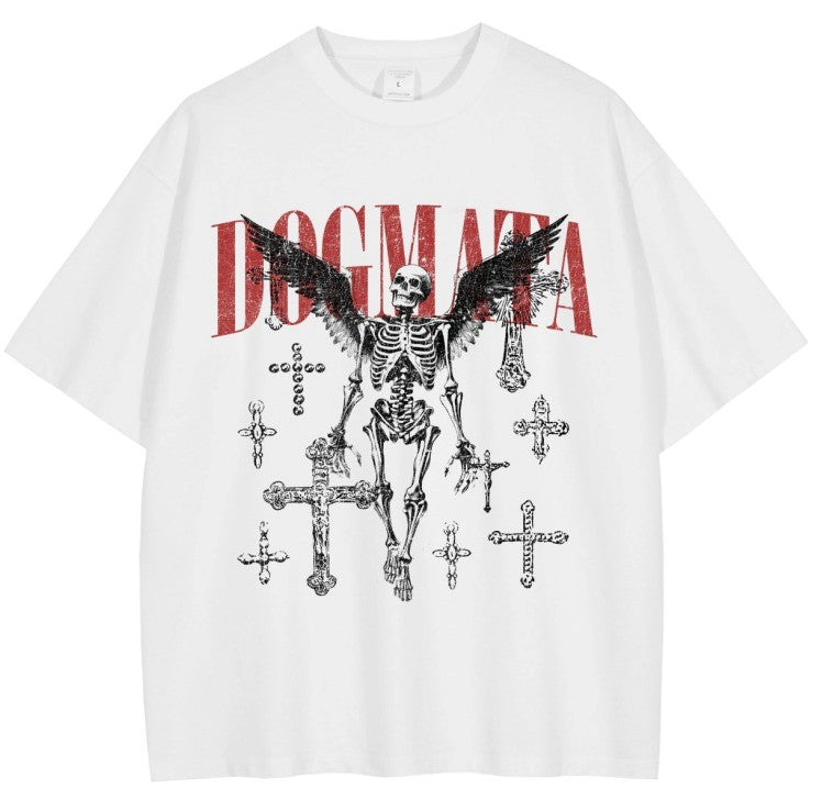 White t-shirt with a skeleton graphic and 'DOGMATA' text on a white background