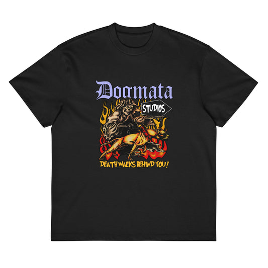 Black Oversize Death Follows Black T-Shirt Front View