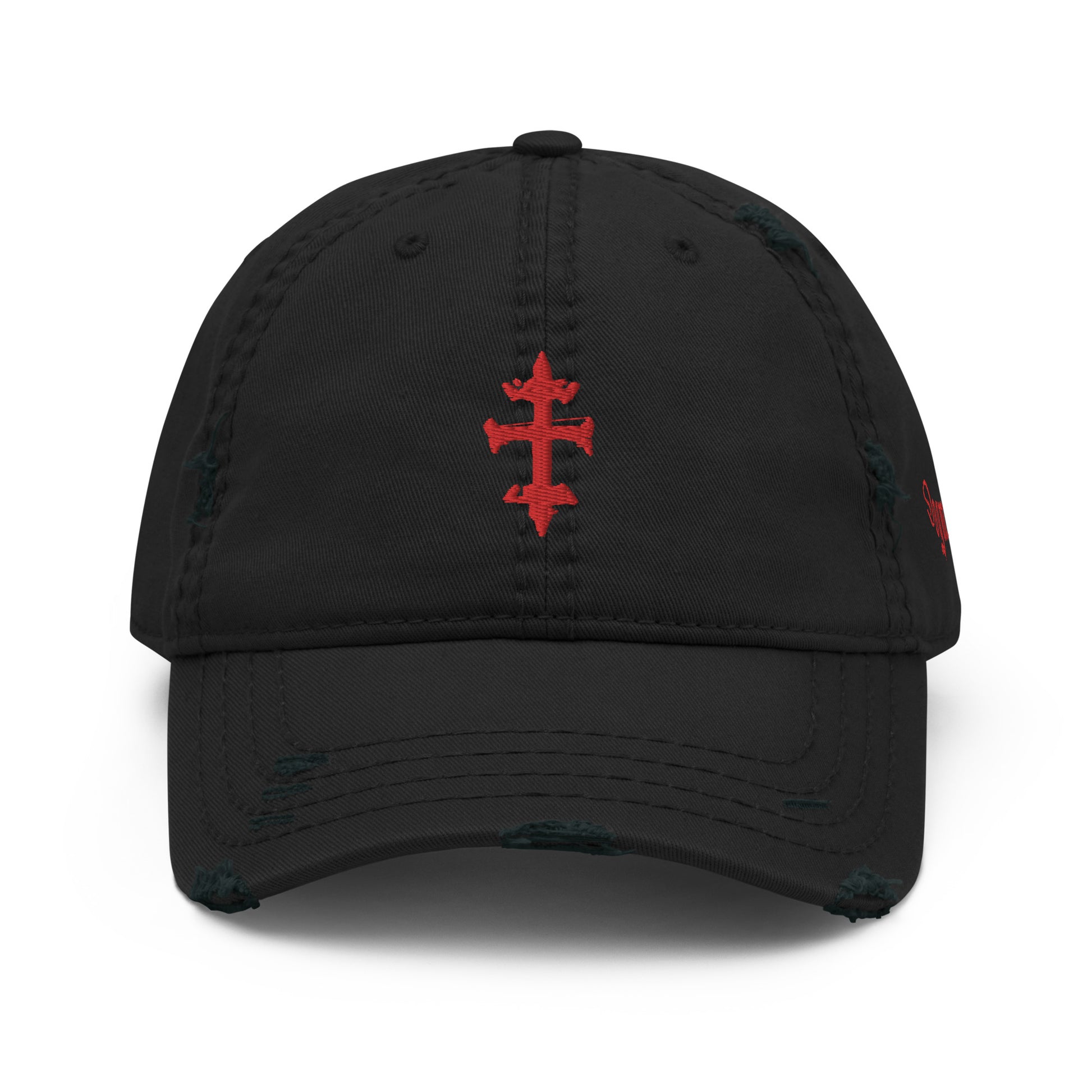 Distressed-Dad-Hat-Black-Left-Front-View A black unstructured cap with a low profile, featuring a red distressed emblem on the front panel and stitched red lines on the brim.