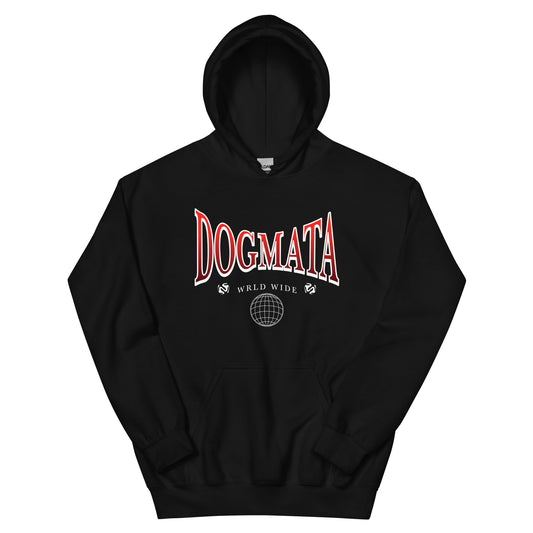 Black hoodie with 'DOGMATA WRLD WIDE' text on a white background