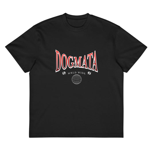 Men's Black Oversize Box T-Shirt with 'DOGMATA WRLD WIDE' Front View