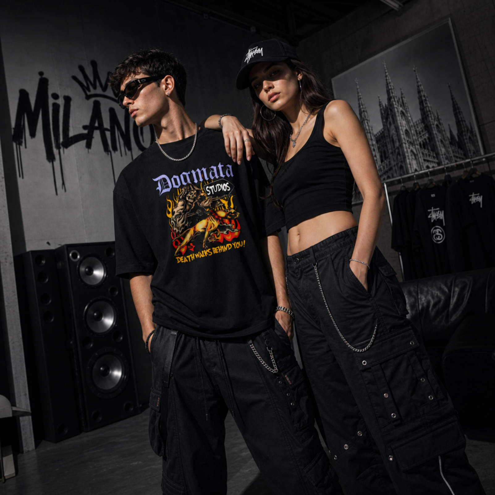 Two people in a dark room with one wearing a black graphic t-shirt and the other in a black outfit.