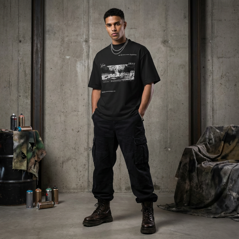 Man wearing a black t-shirt and cargo pants standing in a room with concrete walls and scattered items.