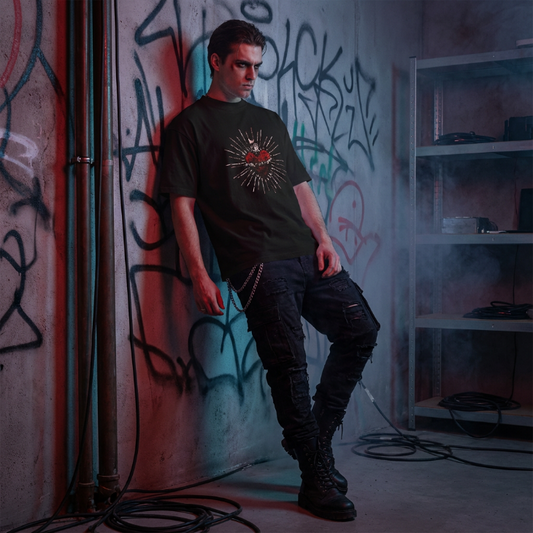 A man leans against a graffiti-covered concrete wall in a moody industrial room, wearing a black graphic t-shirt with a red and white heart design, black cargo pants, and black boots.