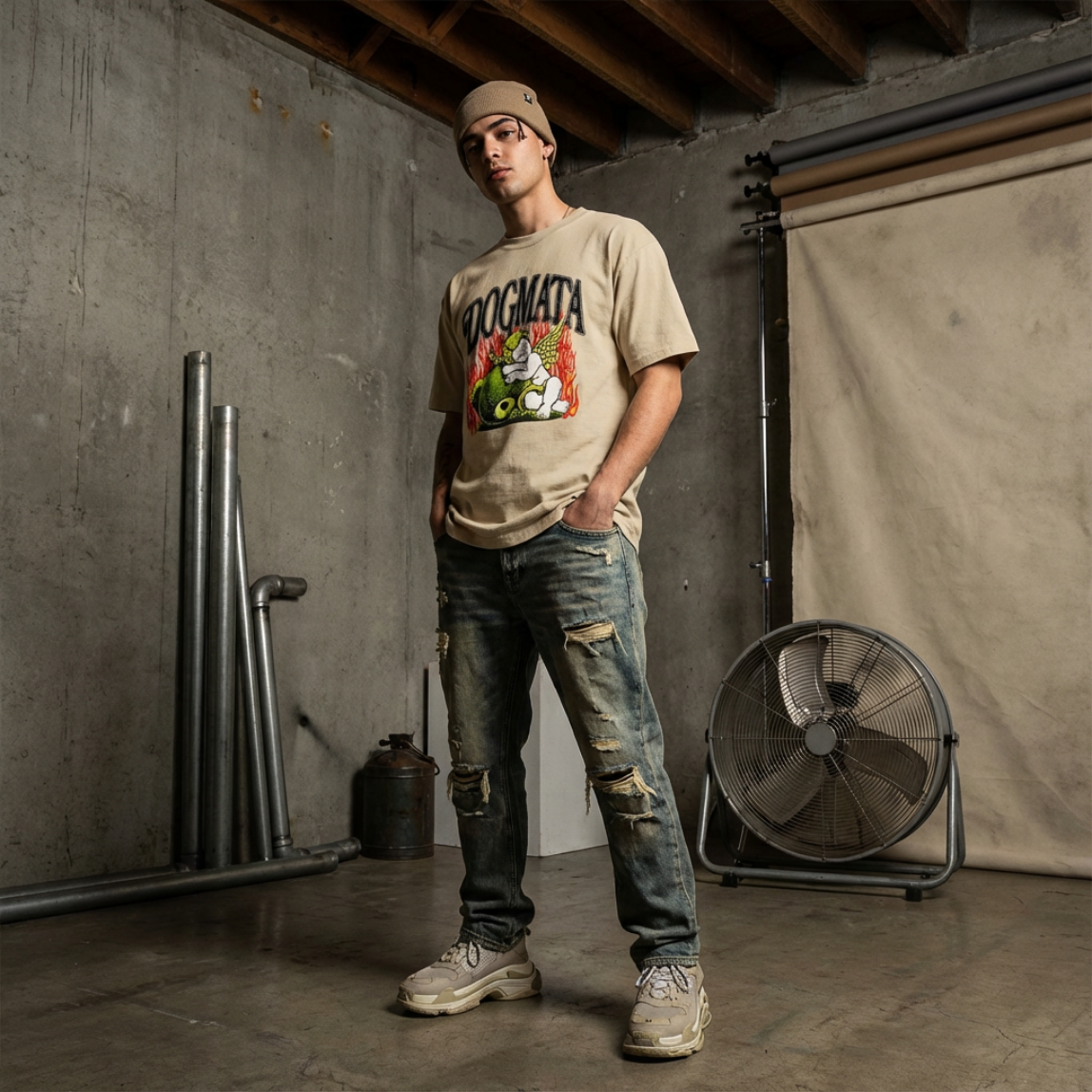 Model wearing Angel and Bear graphic t-shirt and jeans standing in an industrial studio setting with a fan and pipes.