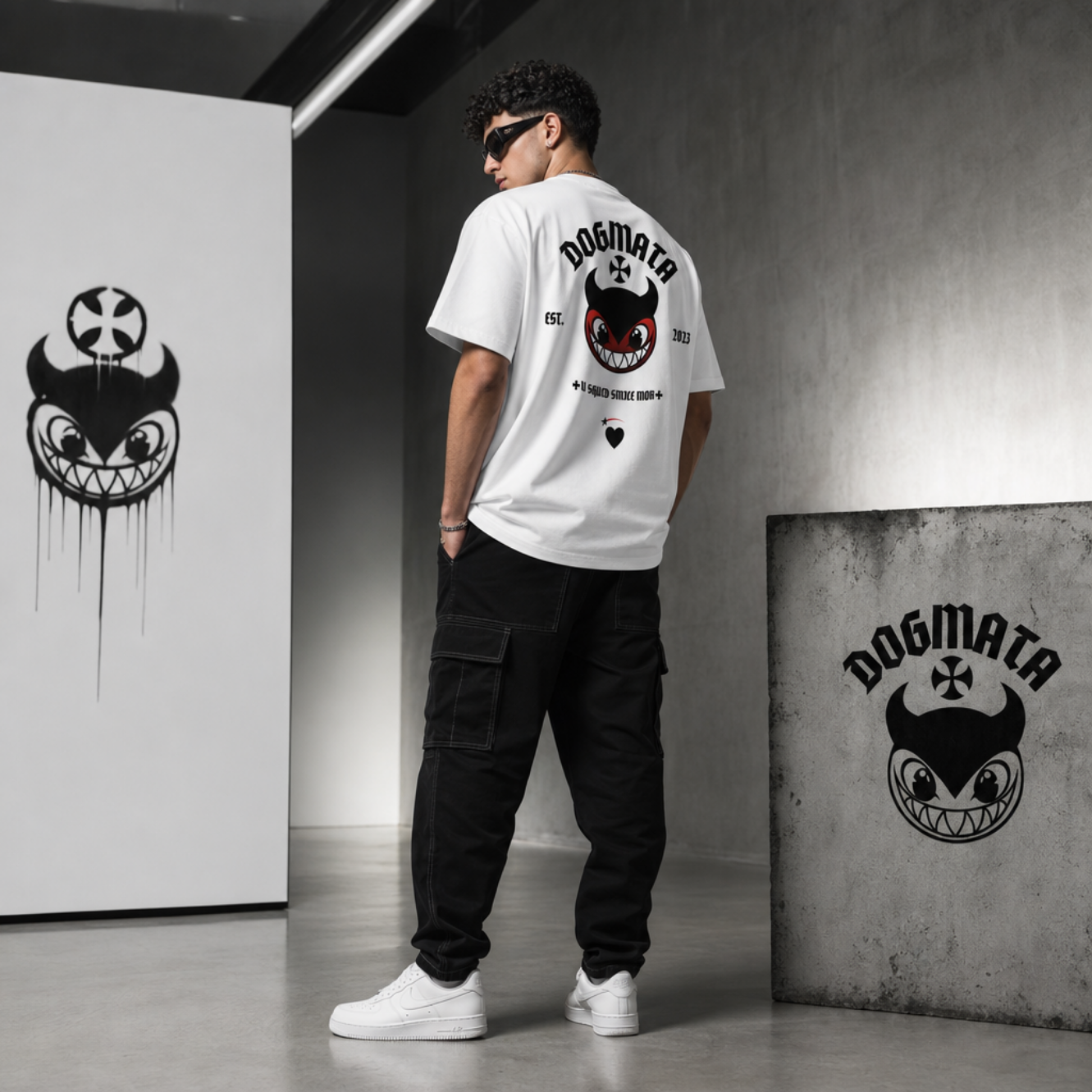 Tall model wearing graphic tee inn a modern clean studio with designs on the wall