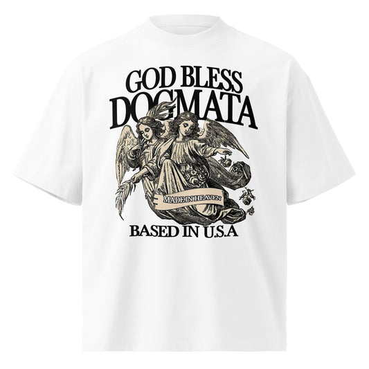 White t-shirt with black graphic design and text on a white background