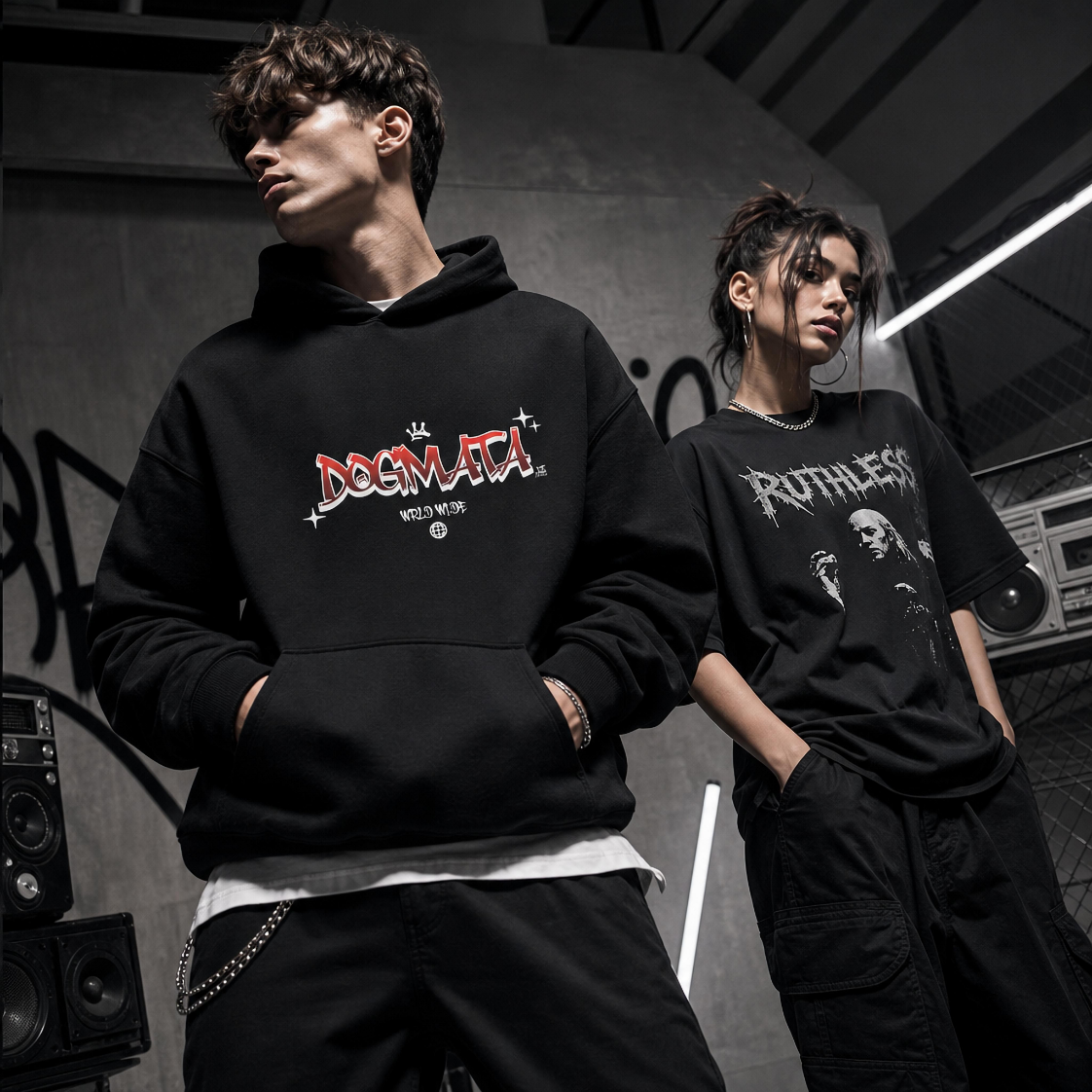 Two people wearing black hoodies with graphic designs in an urban setting.