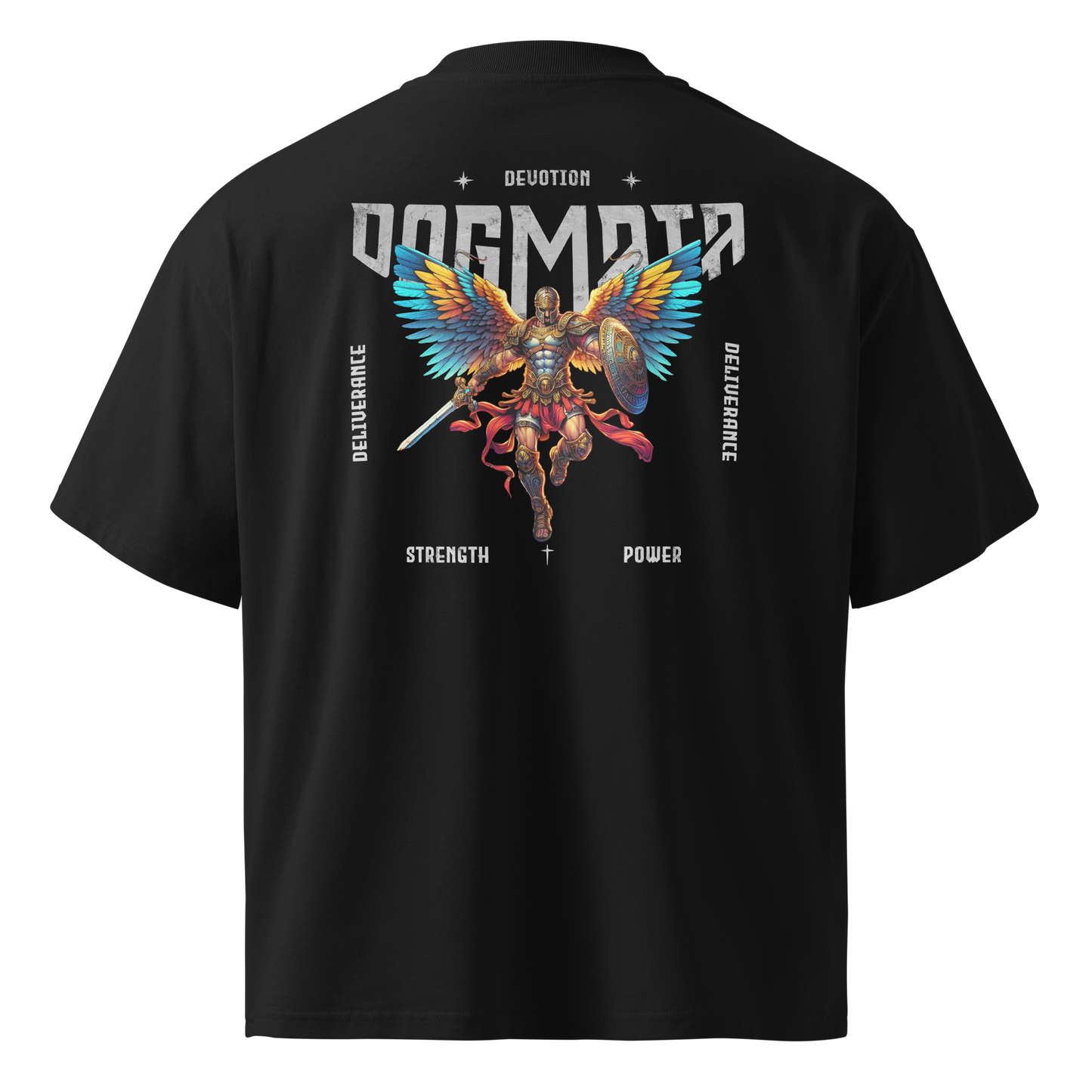 Unisex-100% Cotton-Oversized-High-Neck-T-Shirt-Black-Back An oversized black T-shirt with a colorful front and back design featuring a bird with spread wings and text elements like 'DEVOTION' and 'STRENGTH'.