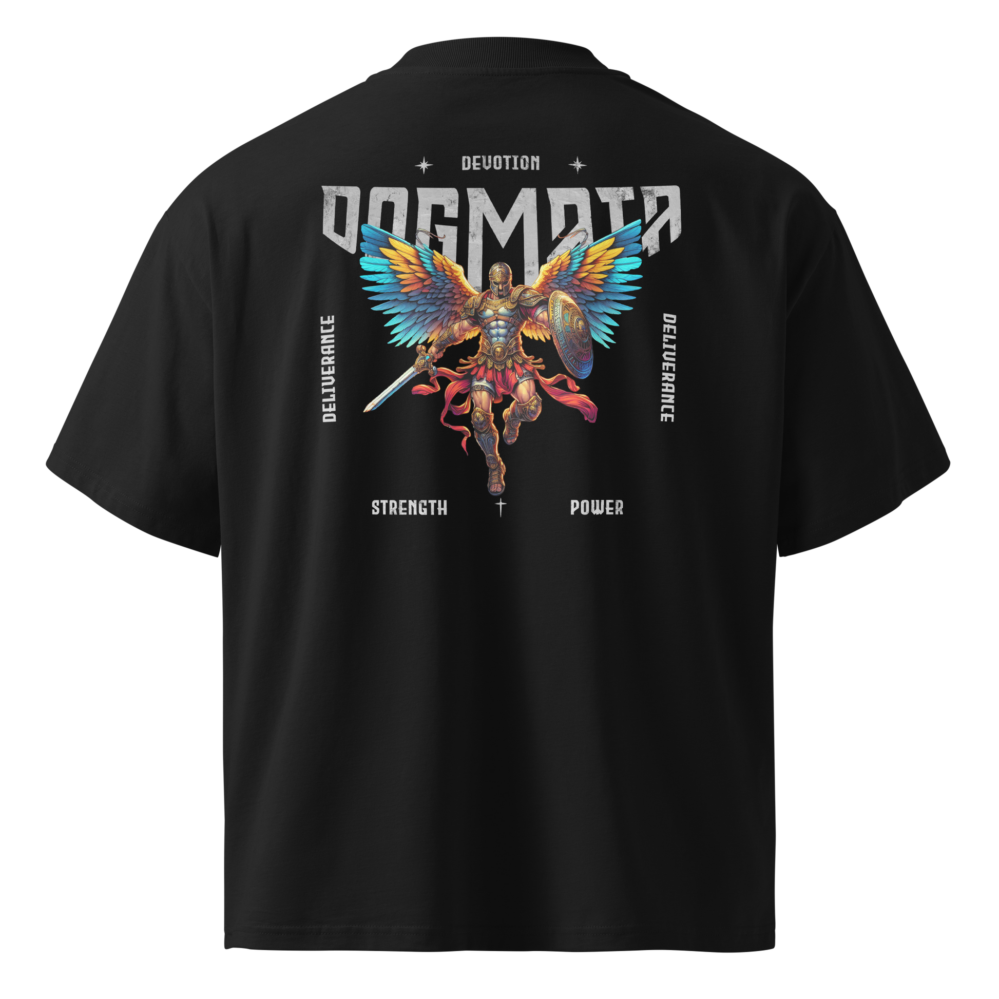 Unisex-100% Cotton-Oversized-High-Neck-T-Shirt-Black-Back An oversized black T-shirt with a colorful front and back design featuring a bird with spread wings and text elements like 'DEVOTION' and 'STRENGTH'.