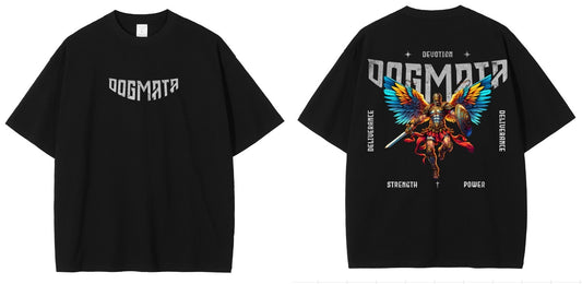 Unisex-100% Cotton-Oversized-High-Neck-T-Shirt-Black-Back Two black oversized t-shirts with text and graphic designs on them. The front of one features a colorful graphic with the word 'DOGMATA', and the back has a text design.