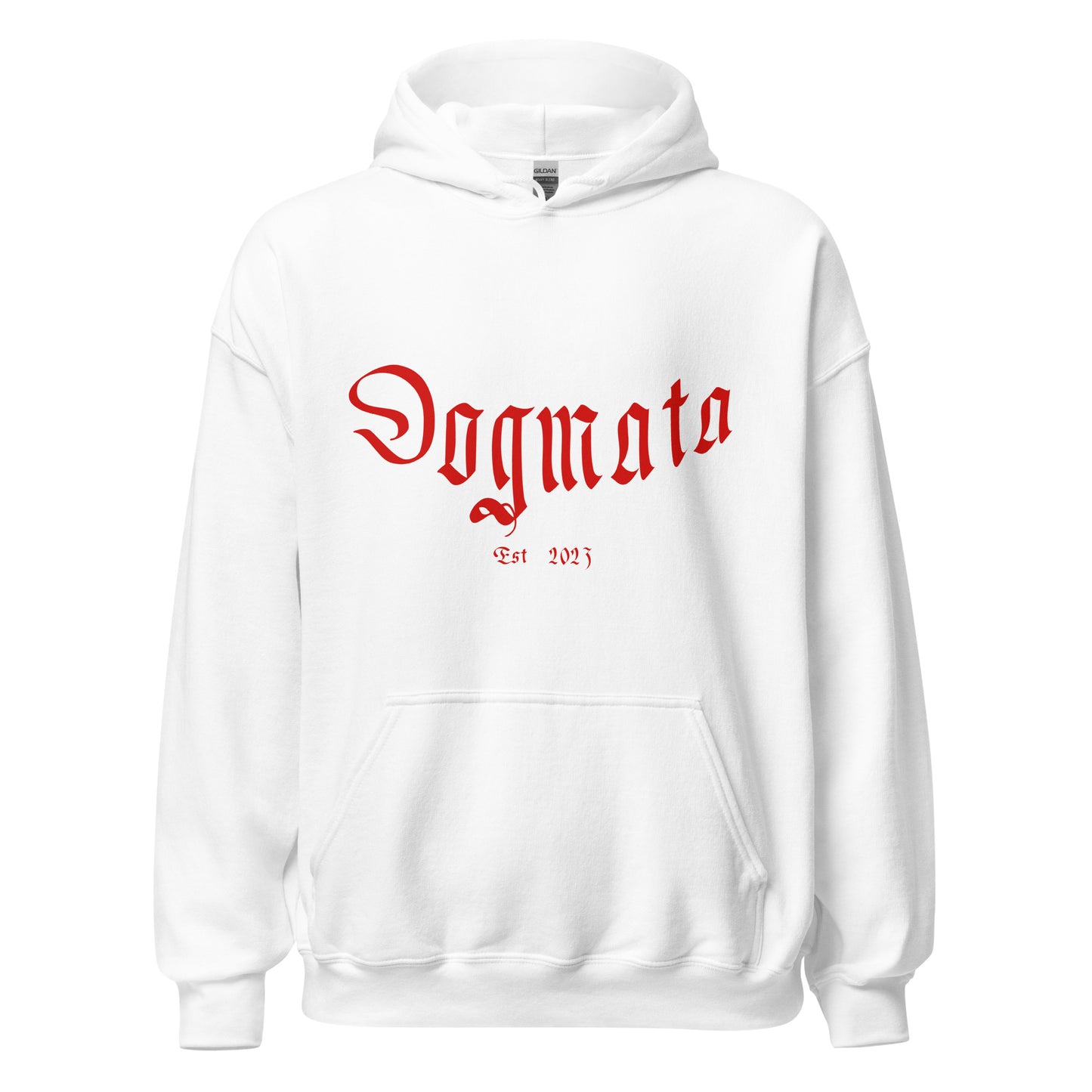 Unisex-Heavy-Blend-Hoodie-White-Back-View A white hoodie with the word 'DOGMATA' printed in red text on the front.