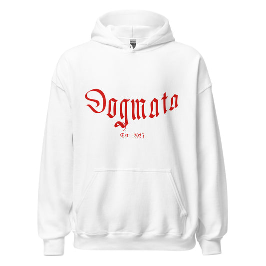 Unisex-Heavy-Blend-Hoodie-White-Back-View A white hoodie with the word 'DOGMATA' printed in red text on the front.