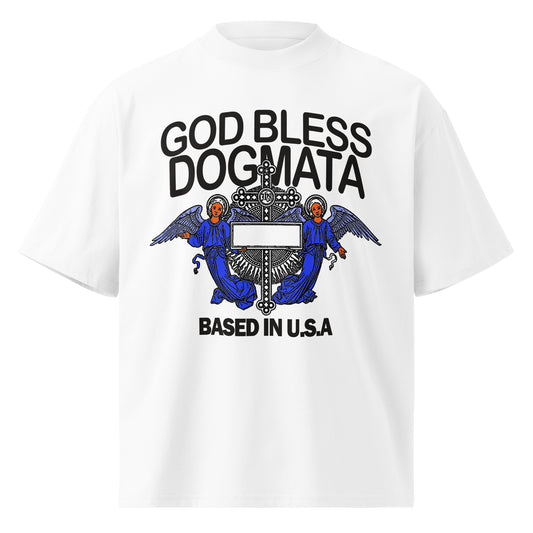 White t-shirt with 'God Bless Dogmata' graphic design on a white background
