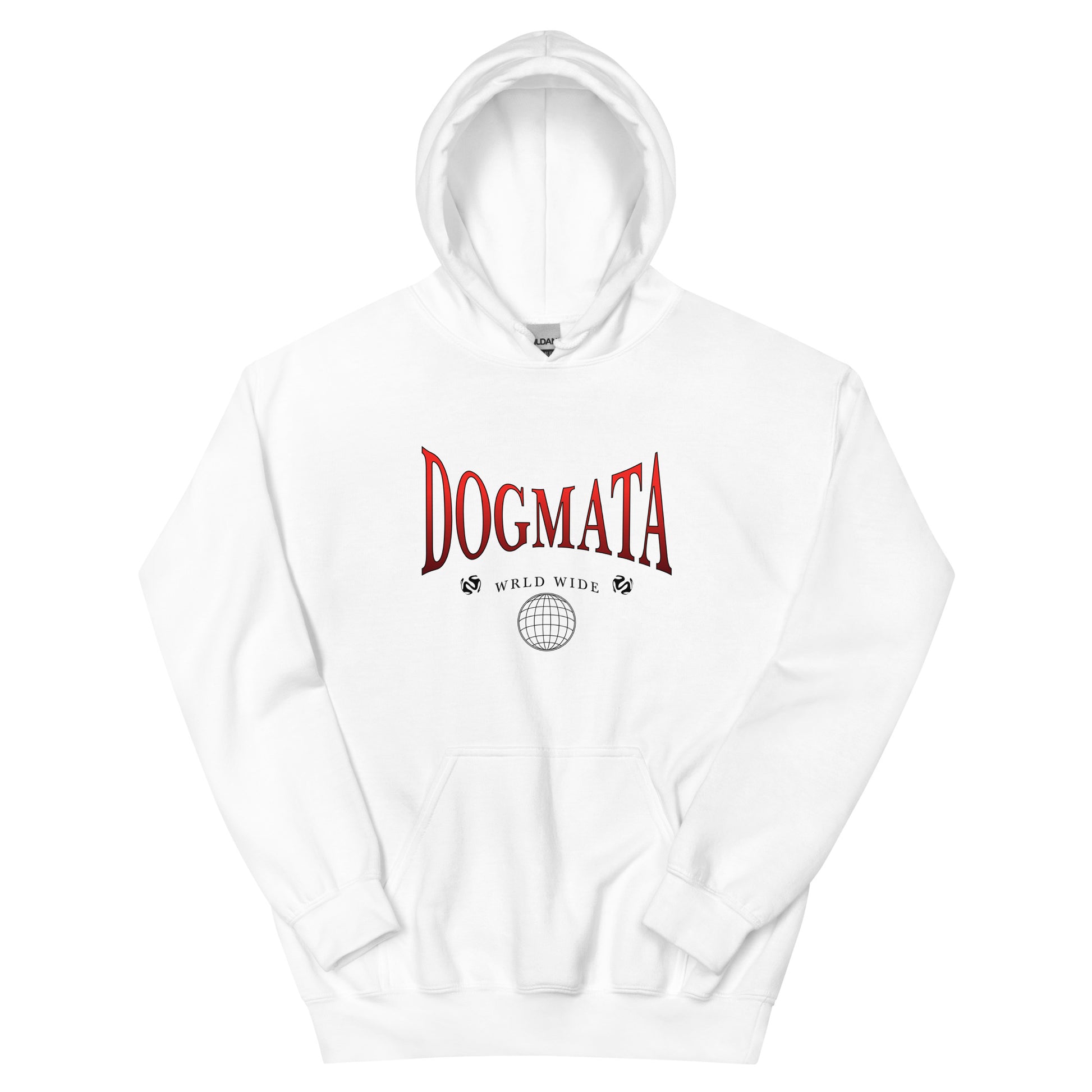 Front view of white classic men's wear hoodie with red 'DOGMATA' text on a white background