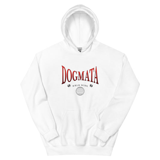Front view of white classic men's wear hoodie with red 'DOGMATA' text on a white background