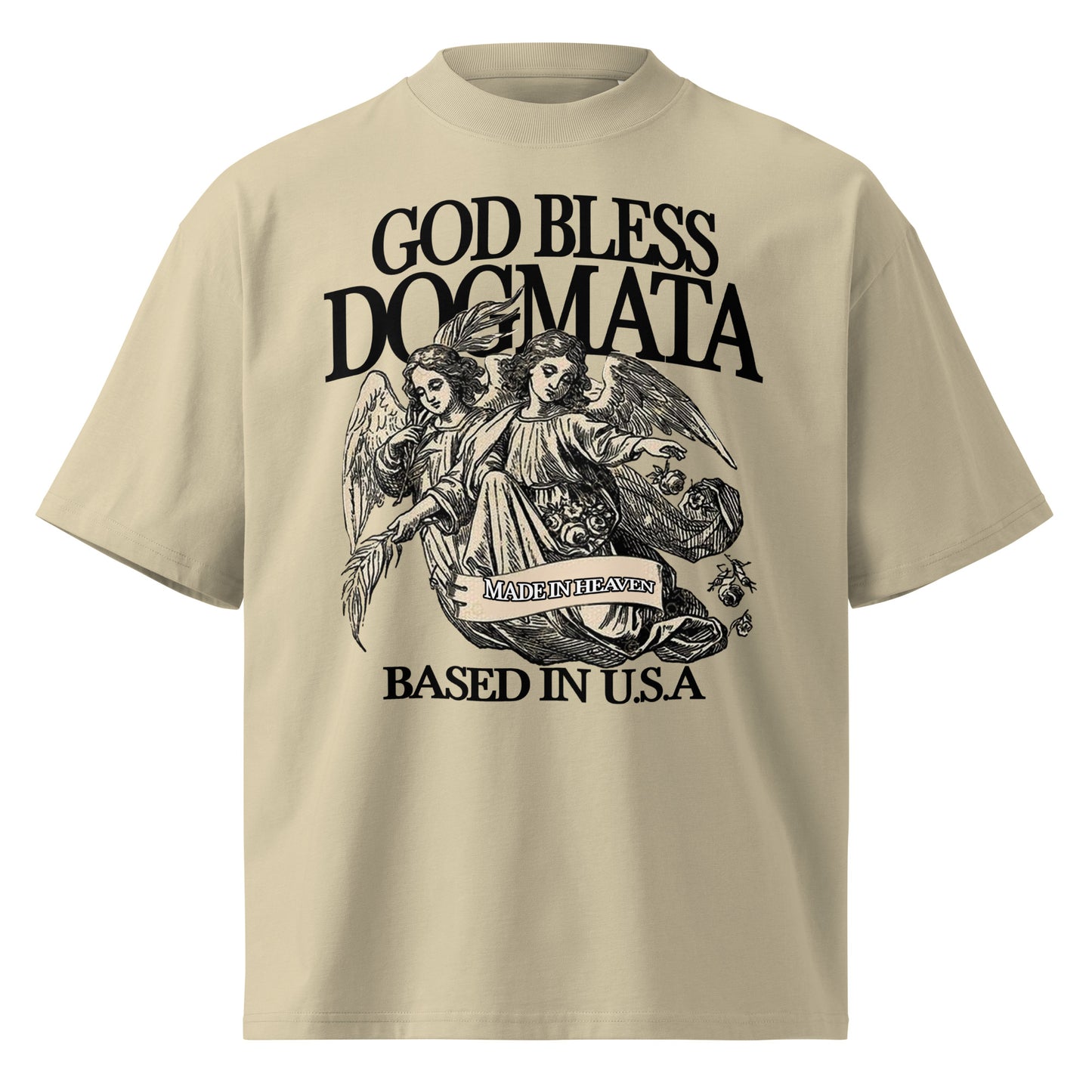 Beige t-shirt with black graphic design and text on a white background