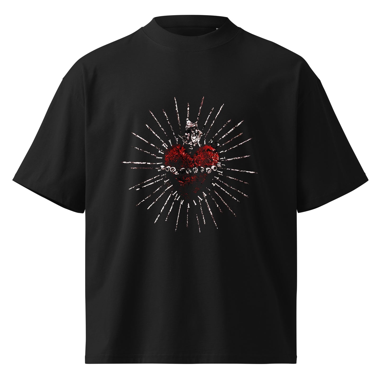 A black short-sleeve crewneck t-shirt featuring a central graphic of a red sacred heart, surrounded by a circular pattern of white and red spikes on a plain background.