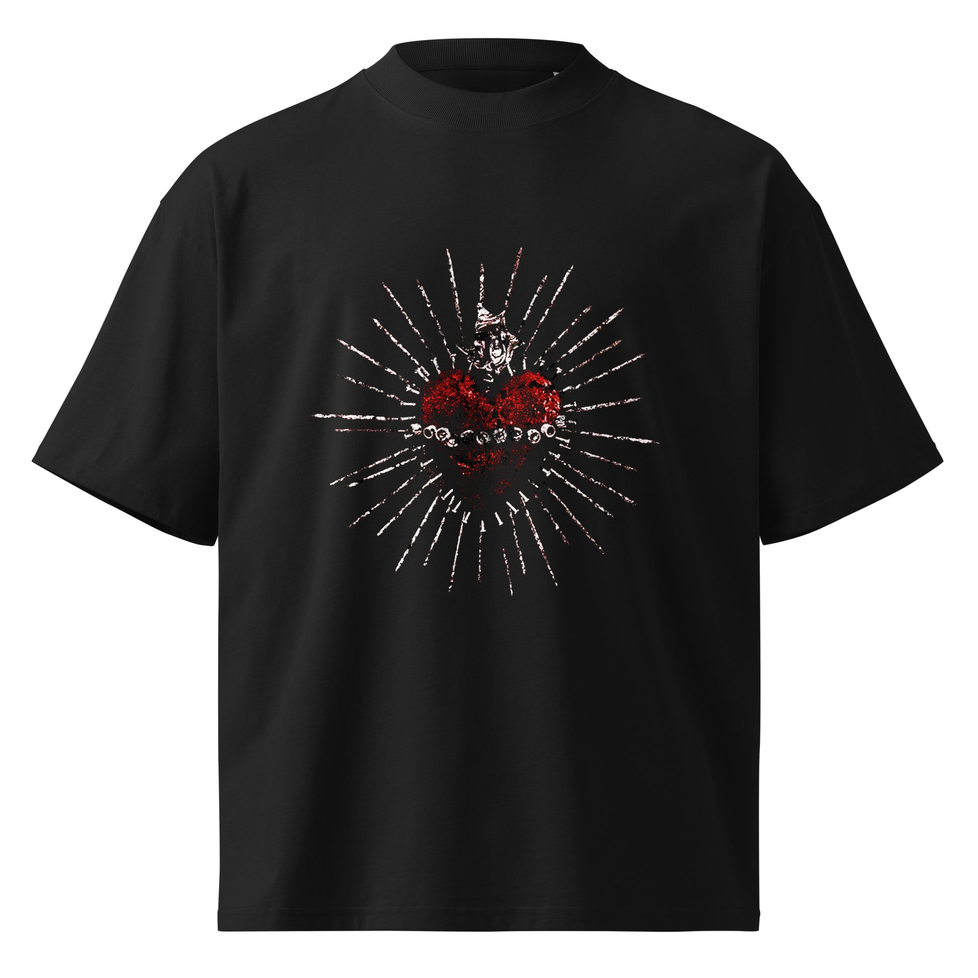 A black short-sleeve crewneck t-shirt featuring a central graphic of a red sacred heart, surrounded by a circular pattern of white and red spikes on a plain background.